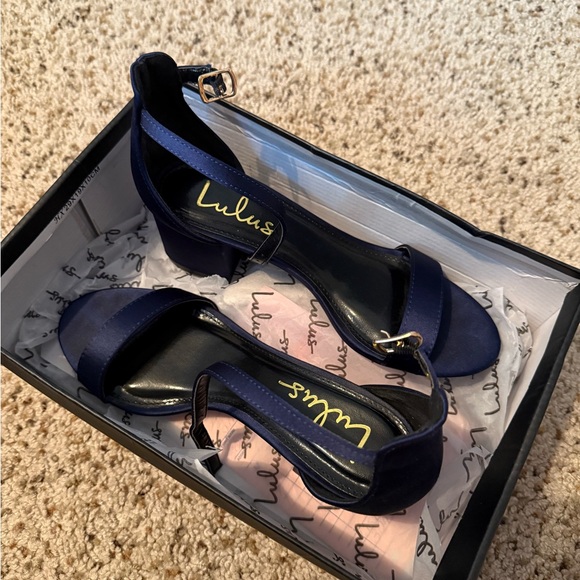 Lulu's Navy Blue Satin Heels with Ankle Strap - Picture 2 of 4